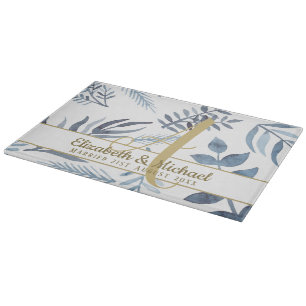 Gold Monogram Azure Blue Botanical Blätter Wedding Schneidebrett