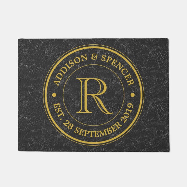 Gold Monogram Black Leather Wedding Jubiläum Fußmatte (Vorderseite)