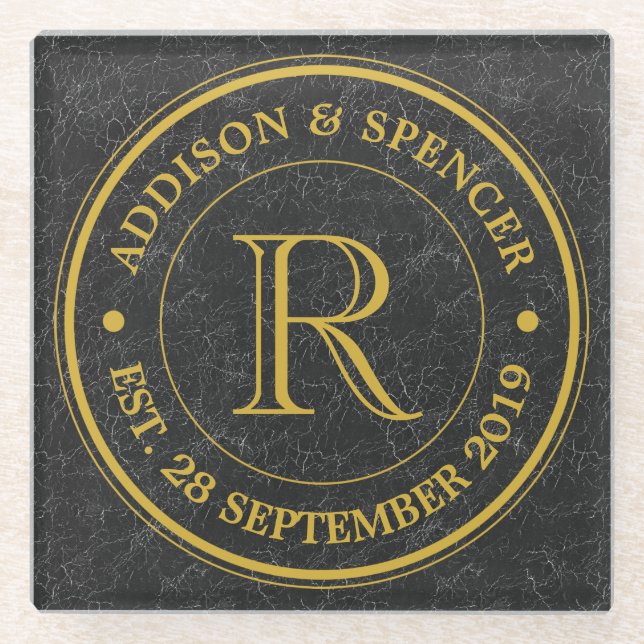Gold Monogram Black Leather Wedding Jubiläum Glasuntersetzer (Vorderseite)
