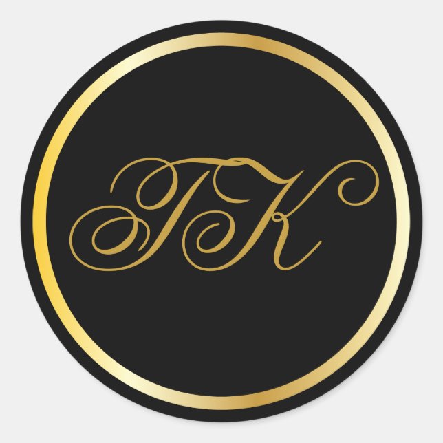 Gold Monogram Black Round Stickers (Vorderseite)