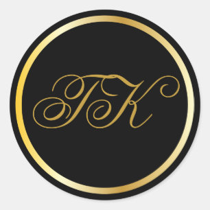 Gold Monogram Black Round Stickers