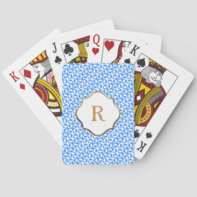 Gold Monogram Blue & White Diagonal Retro Muster Spielkarten (Rückseite)