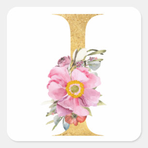 Gold MONOGRAM Brief I mit Blume Quadratischer Aufkleber
