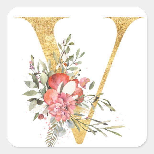 Gold MONOGRAM Brief V mit Blume Quadratischer Aufkleber (Vorderseite)