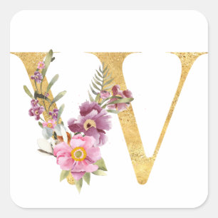 Gold MONOGRAM Brief W mit Blume Quadratischer Aufkleber