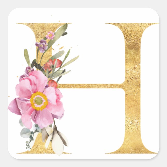 Gold MONOGRAM Buchstabe H mit Blume Quadratischer Aufkleber (Vorderseite)