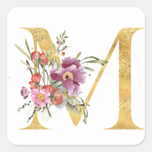 Gold MONOGRAM Buchstabe M mit Blume Quadratischer Aufkleber