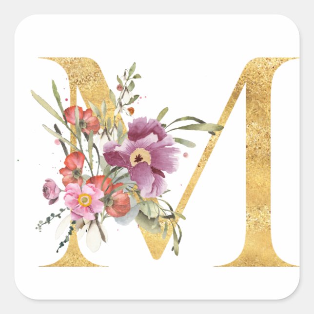 Gold MONOGRAM Buchstabe M mit Blume Quadratischer Aufkleber (Vorderseite)