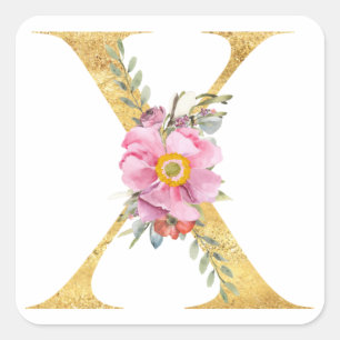 Gold MONOGRAM Buchstabe X mit Blume Quadratischer Aufkleber