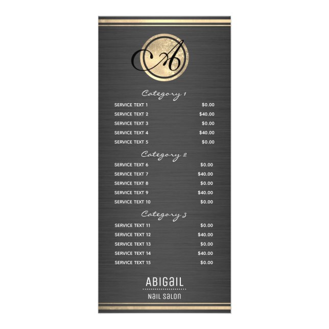 Gold Monogram Bürstenmetall Nail Salon 3 Service Werbekarte (Vorne)