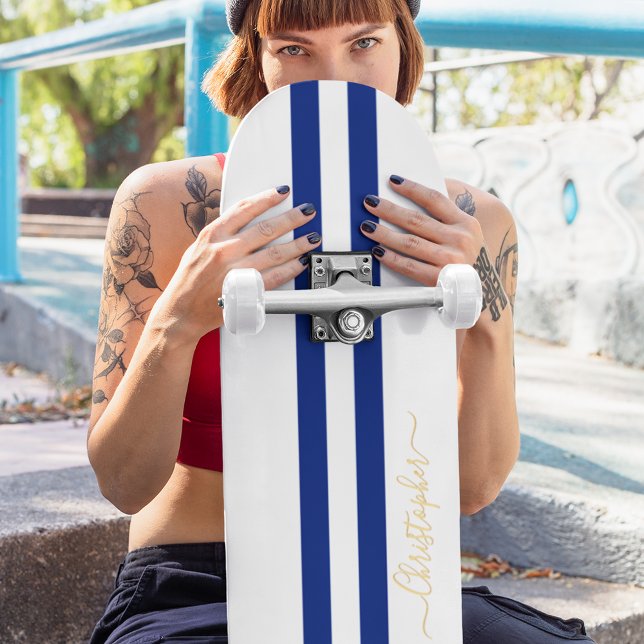 Gold Monogram Classic Blue White Racing Stripes Skateboard (Gold Monogram Classic Blue White Racing Stripes Skateboard)