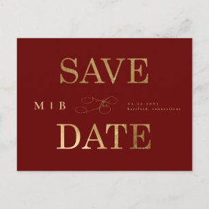 Gold Monogram Deep Red Wedding Save the Date  Postkarte