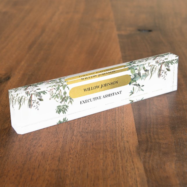 Gold Monogram Elegant Eukalyptus Greenerity & Bird Namensplakette (Seite)