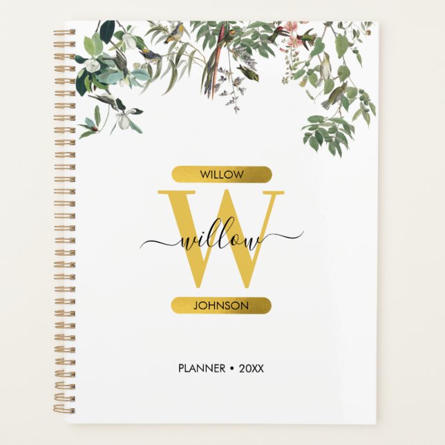 Gold Monogram Elegant Eukalyptus Greenerity & Bird Planer (Vorderseite)