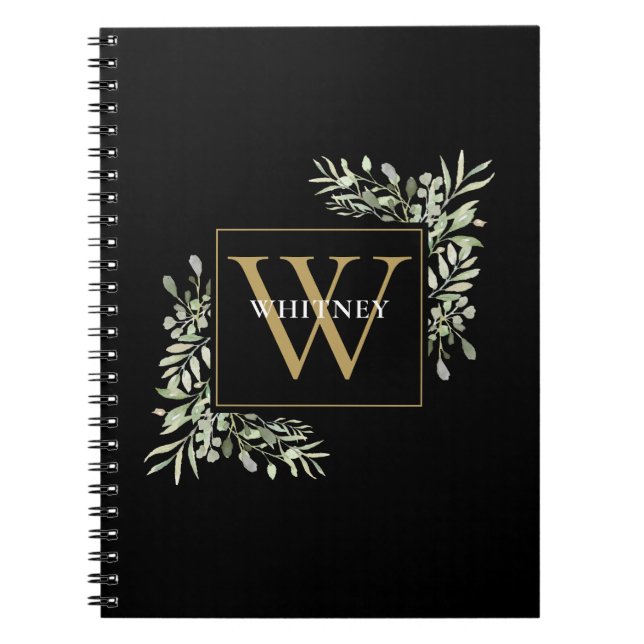 Gold Monogram Elegant Eukalyptus Greenerity Black Notizblock (Vorderseite)