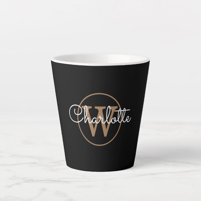 Gold Monogram Elegant Girly Script Black Milchtasse (Vorderseite)