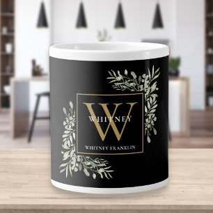 Gold Monogram Elegant Moderne Grünpflanzen Schwarz Jumbo-Tasse