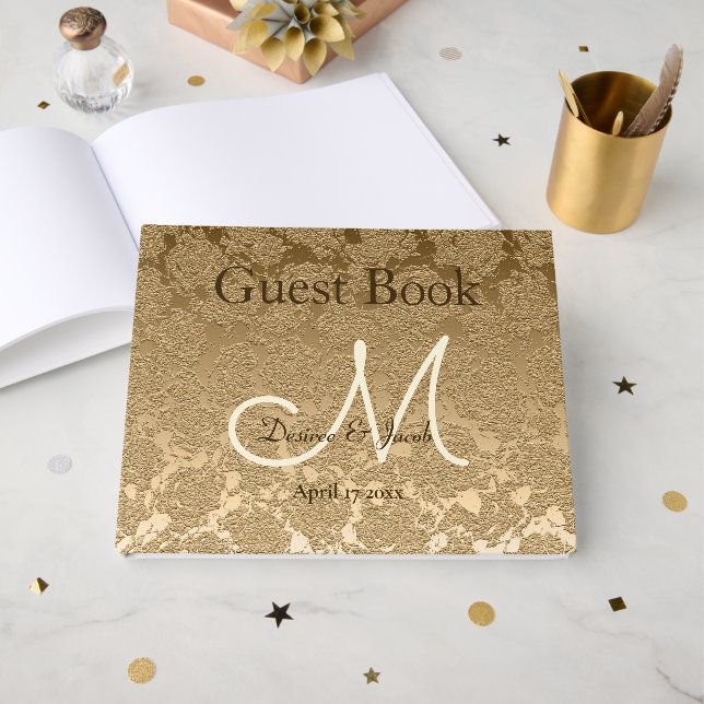 Gold Monogram Elegant Moderne Hochzeit Gästebuch (Vorderseite Offen)