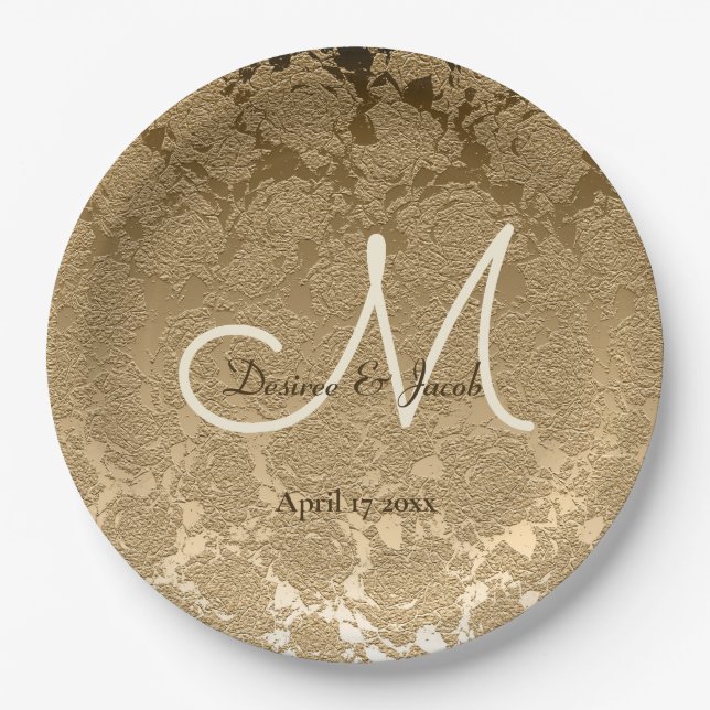 Gold Monogram Elegant Moderne Hochzeit Pappteller (Vorderseite)