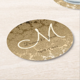 Gold Monogram Elegant Moderne Hochzeit Runder Pappuntersetzer