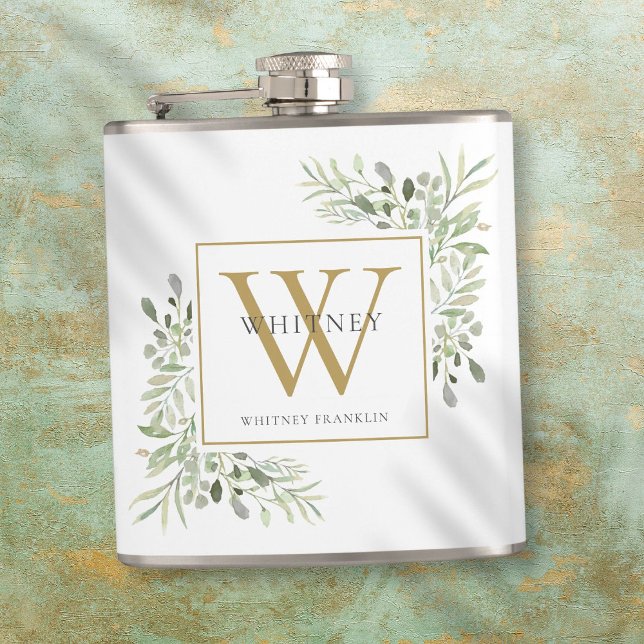 Gold Monogram Elegant Modernes Grün Flachmann (Gold Monogram Elegant Modern Greenery Flask)