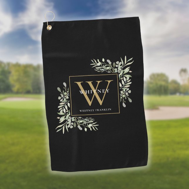 Gold Monogram Elegant Modernes Grün Schwarz Golfhandtuch (Von Creator hochgeladen)