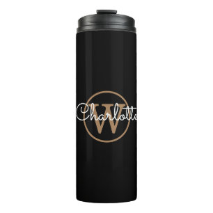 Gold Monogram Elegant Script Black Thermosbecher