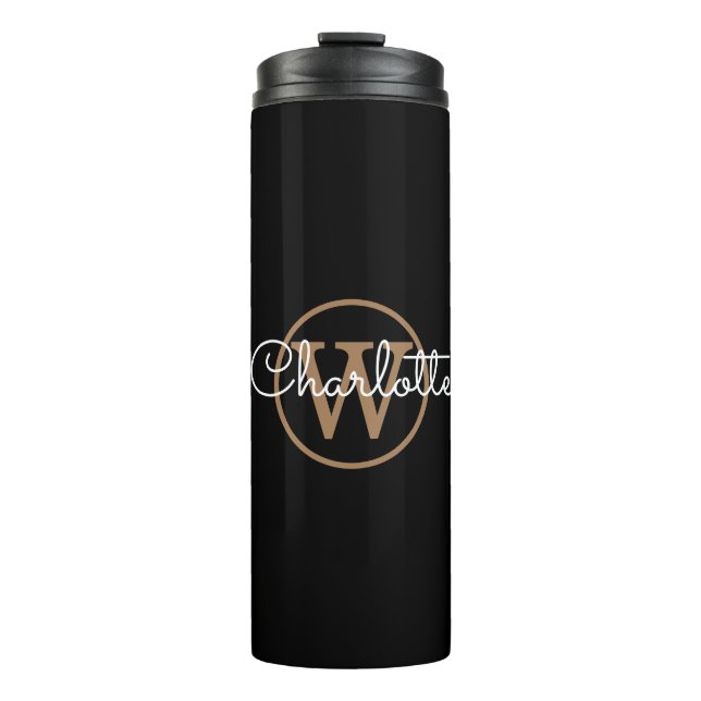 Gold Monogram Elegant Script Black Thermosbecher (Vorderseite)