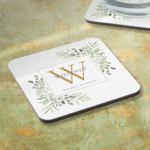 Gold Monogram Elegante Moderne Grünpflanzen Getränkeuntersetzer
