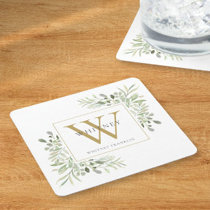 Gold Monogram Elegantes Modern Greenery Square Pap Rechteckiger Pappuntersetzer