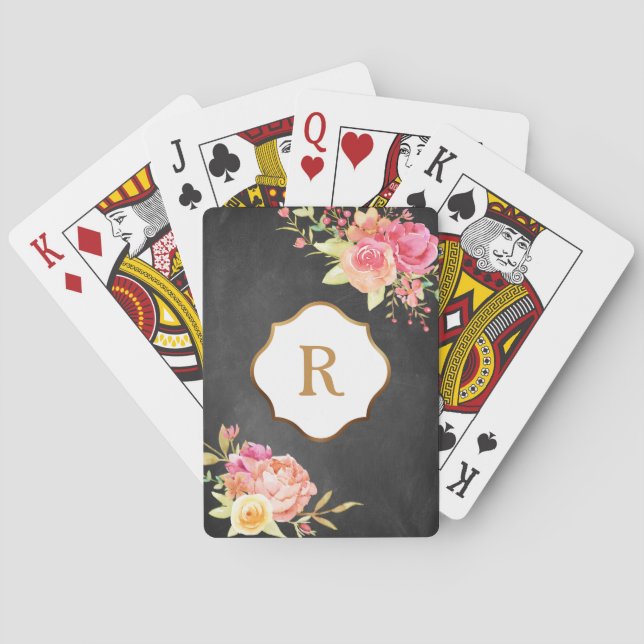 Gold Monogram & Florals auf texturierter Chalkboar Spielkarten (Rückseite)