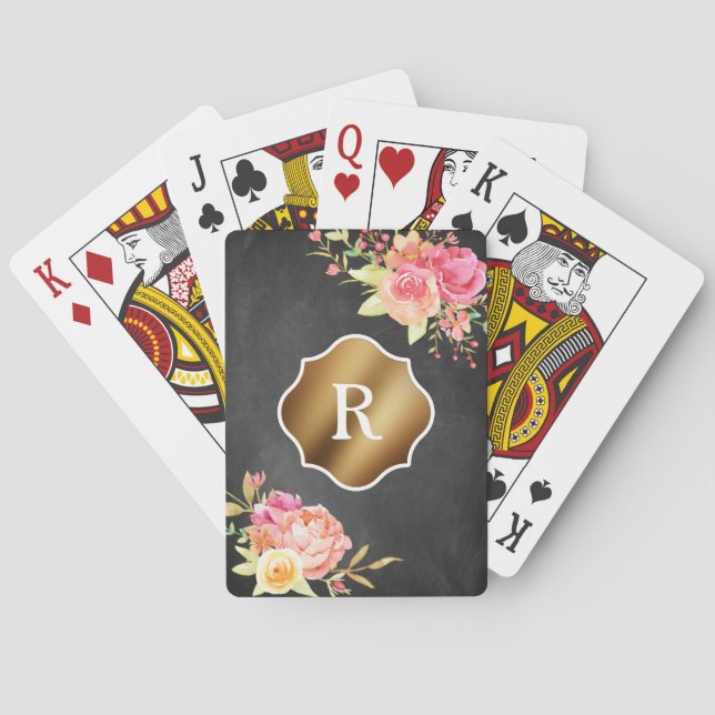 Gold Monogram & Florals auf Texturkboard Spielkarten (Rückseite)