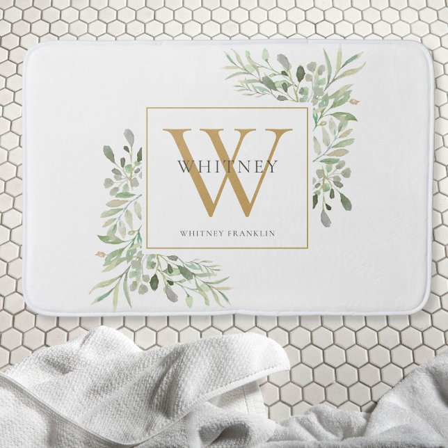 Gold Monogram Greenery Badematte (Von Creator hochgeladen)