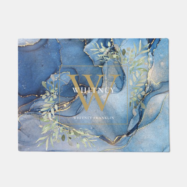 Gold Monogram Greenery Blue Agate Geode Doormat Fußmatte (Vorderseite)