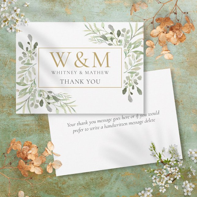 Gold Monogram Greenery Elegant Dankeskarte (Gold Monogram Greenery Elegant Thank You Card)