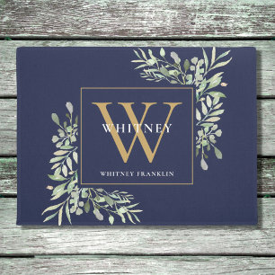 Gold Monogram Greenery Floral Navy Blue Fußmatte