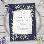 Gold Monogram Greenery Navy Blue Couples Dusche Einladung<br><div class="desc">Mit zarten Aquarellgrün-Blätter auf marineblau-blauem Hintergrund kann diese schicke Duscheinladung mit Ihren goldenen Monogramm-Initialen und speziellen Brautparty-Informationen personalisiert werden. Entwickelt von Thisisnotme©</div>