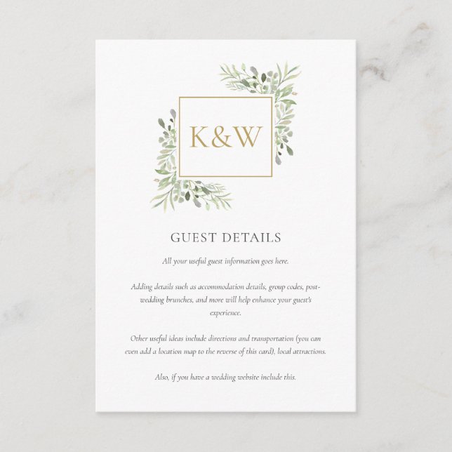 Gold Monogram Greenery Wedding Guest Details Begleitkarte (Vorderseite)