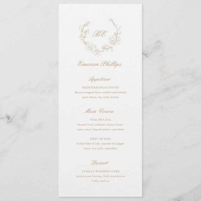 Gold Monogram Guest Name Elegant Wedding Menükarte (Vorderseite)