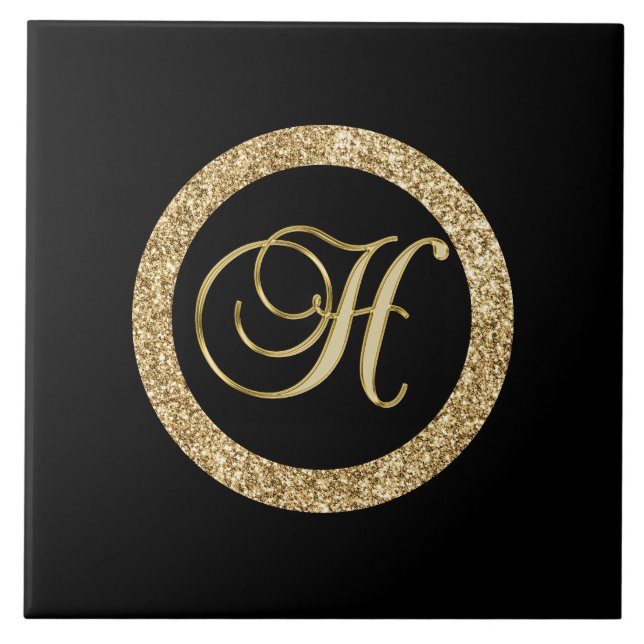Gold Monogram H auf schwarz Fliese (Vorderseite)