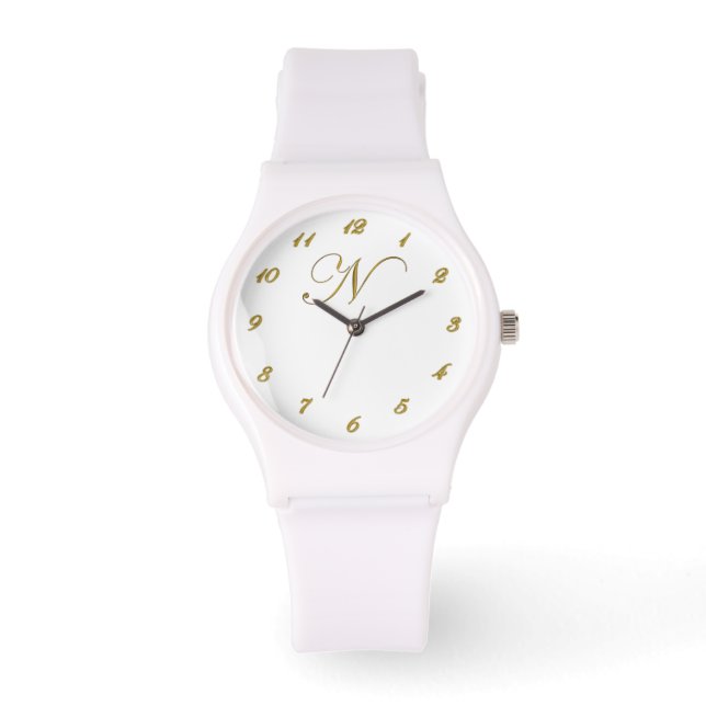 Gold Monogram Initial N Watch mit Gold Nummern Armbanduhr (Vorderseite)