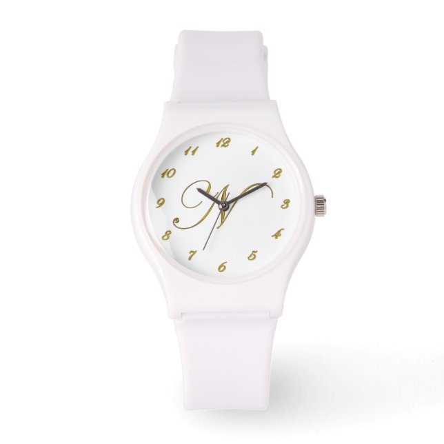 Gold Monogram Initial N Watch mit Gold Nummern Armbanduhr (Vorderseite)