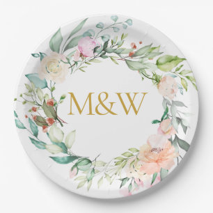Gold Monogram Initials Rose Garland Floral Pappteller