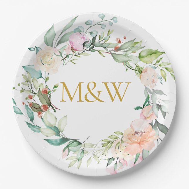 Gold Monogram Initials Rose Garland Floral Pappteller (Vorderseite)