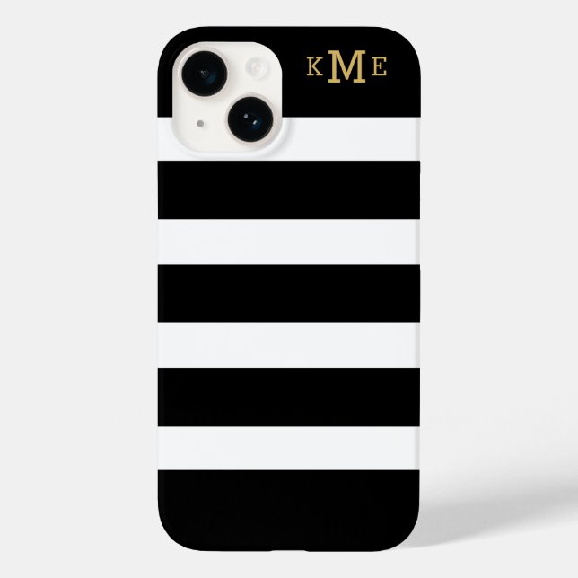 Gold Monogram Initials Schwarz und Weiß Streifen Case-Mate iPhone Hülle (Rückseite)