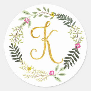 Gold Monogram Leaf K Runder Aufkleber