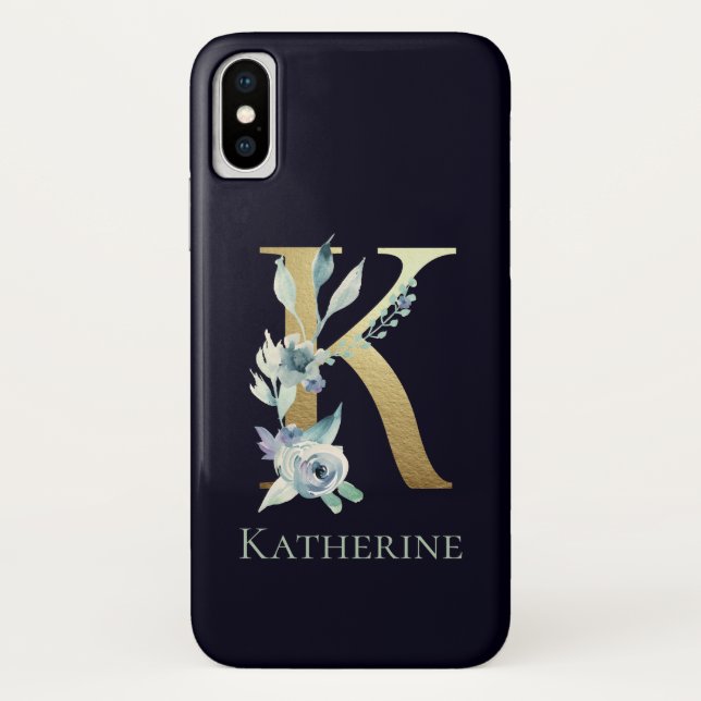 Gold Monogram Letter K Navy Blue Floral Name Case-Mate iPhone Hülle (Rückseite)