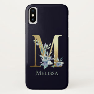 Gold Monogram Letter M Navy Blue Floral Name Case-Mate iPhone Hülle