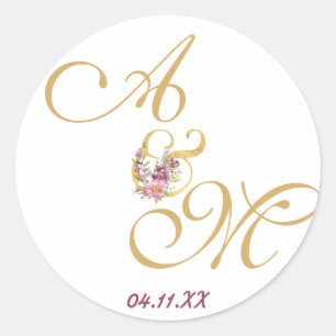 Gold MONOGRAM Letter WEDING PERSONALISIERT Runder Aufkleber