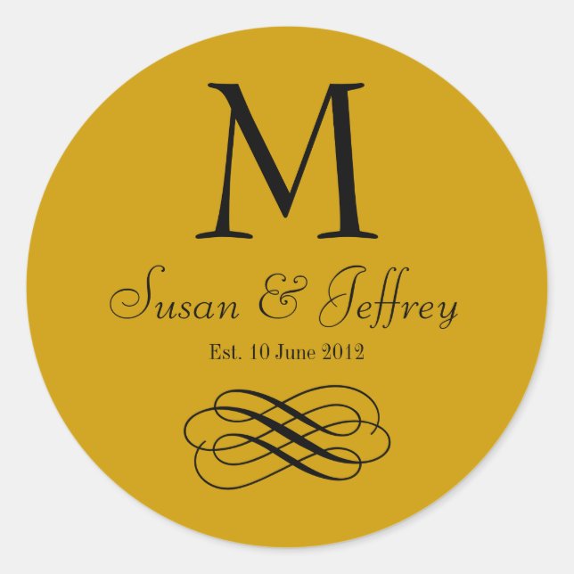 Gold Monogram Logo-Namen Datum Hochzeitslabel Runder Aufkleber (Vorderseite)